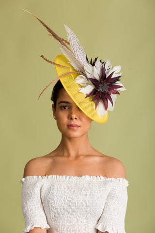 Yellow Derby Fascinator With Brown Feathers (Coco Couture)