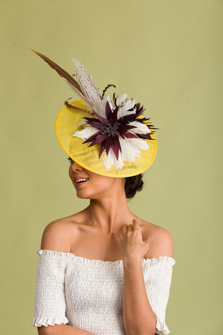Yellow Derby Fascinator With Brown Feathers (Coco Couture)