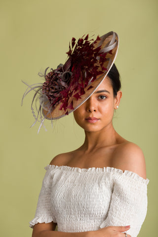 Fascinator Hat Nude Cream Base and Grey Floral Trims (Turb)
