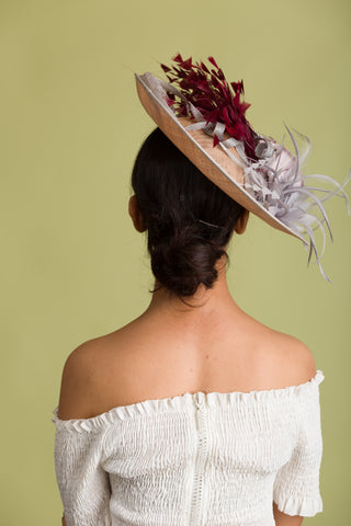 Fascinator Hat Nude Cream Base and Grey Floral Trims (Turb)