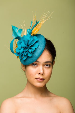 Fascinator Hat Teal With Gold feathers (Annamarie)