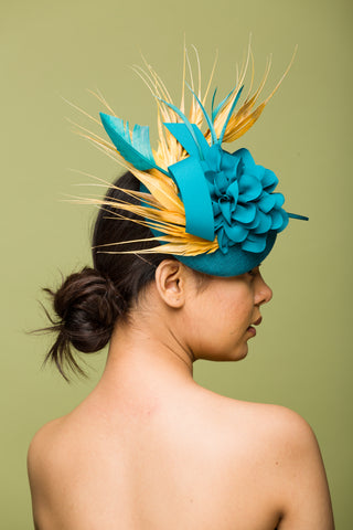 Fascinator Hat Teal With Gold feathers (Annamarie)