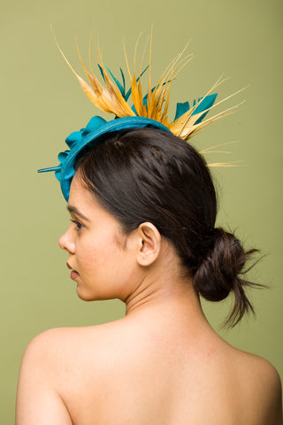 Fascinator Hat Teal With Gold feathers (Annamarie)