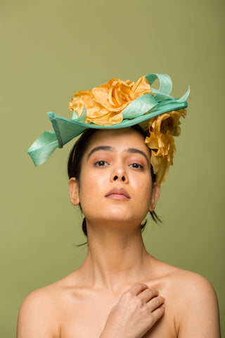 Fascinator With Rose Gold Flower And Sea Green Base (Turbillions)