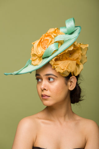 Fascinator With Rose Gold Flower And Sea Green Base (Turbillions)