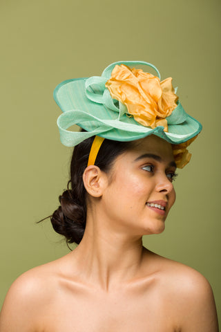 Fascinator With Rose Gold Flower And Sea Green Base (Turbillions)