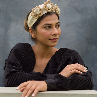 Luciana- Multi functional beige headband with burlap flowers