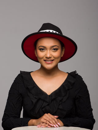 Black Hat Fedora for women with Polka dots silk band