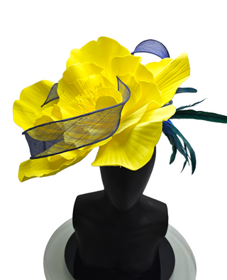 Mariana- Large flower fascinator with blue twirls and feathers
