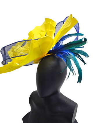Mariana- Large flower fascinator with blue twirls and feathers