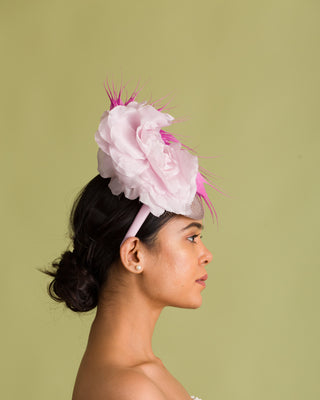 fascinator for green or fuschia earrings, white clutch, or metallic heels